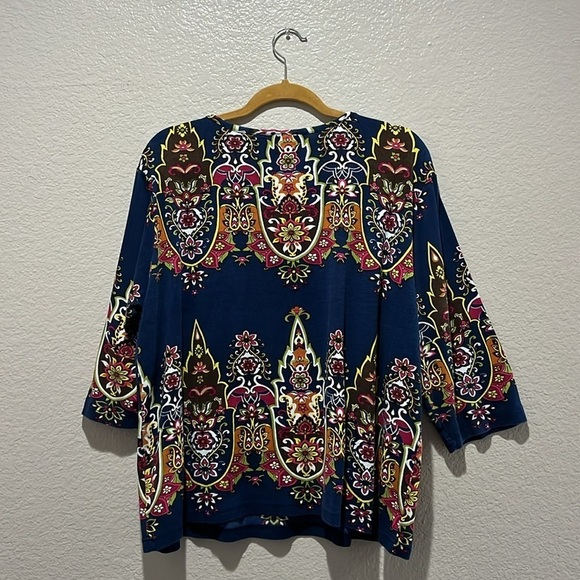 New Direction Elegant Blue Patterned Women's Top 100% Cotton Sz 3X 3/4 Sleeve - Picture 7 of 8